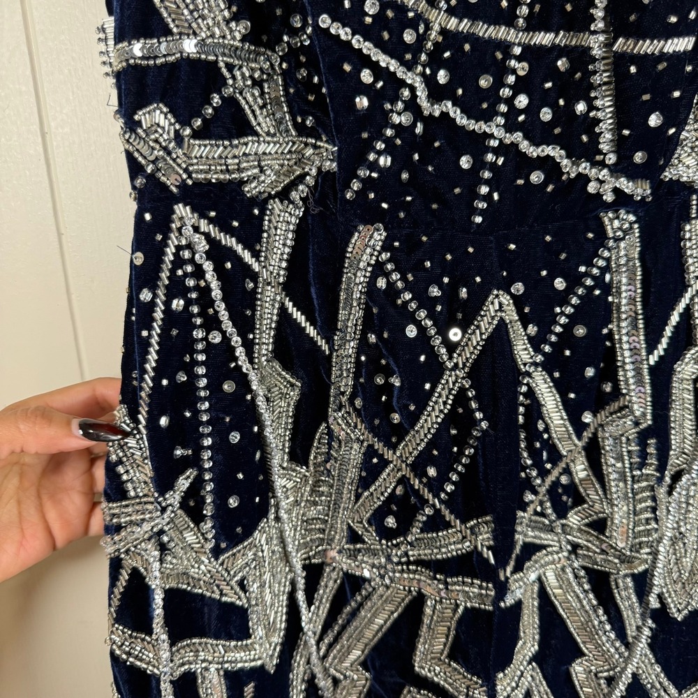 ASOS Navy Blue Velvet Sequin Geometric Print Spaghetti Strap Jumpsuit - Picture 5 of 16